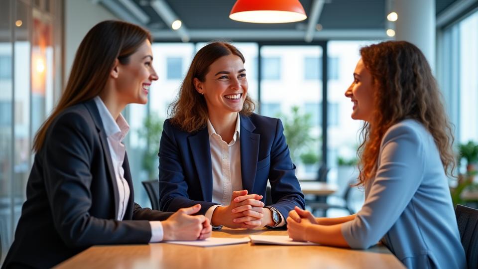 Zwei Geschäftspersonen, die in einem modernen Büro zusammenarbeiten und lächeln