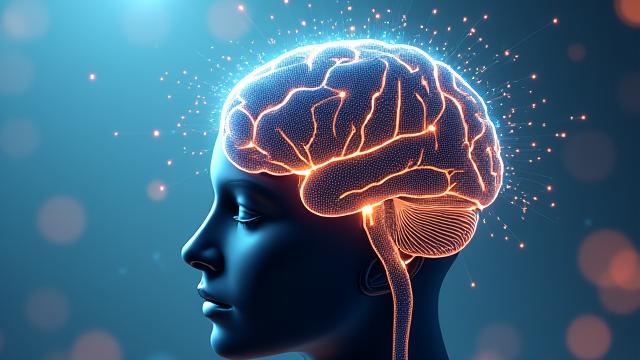 Eine stilisierte Darstellung eines menschlichen Gehirns, dessen Synapsen aus Datenpunkten bestehen, leuchtet in den Markenfarben.