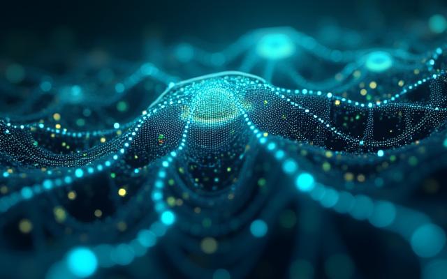 Futuristische Grafik eines intelligenten Netzwerks aus KI-, RPA- und Analyse-Knotenpunkten, die komplexe Geschäftsprozesse vernetzen und optimieren.