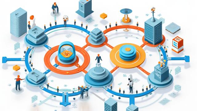 Komplexes Flussdiagramm, das die Integration von RPA, KI und Process Mining in einer End-to-End-Hyperautomatisierungslösung darstellt.