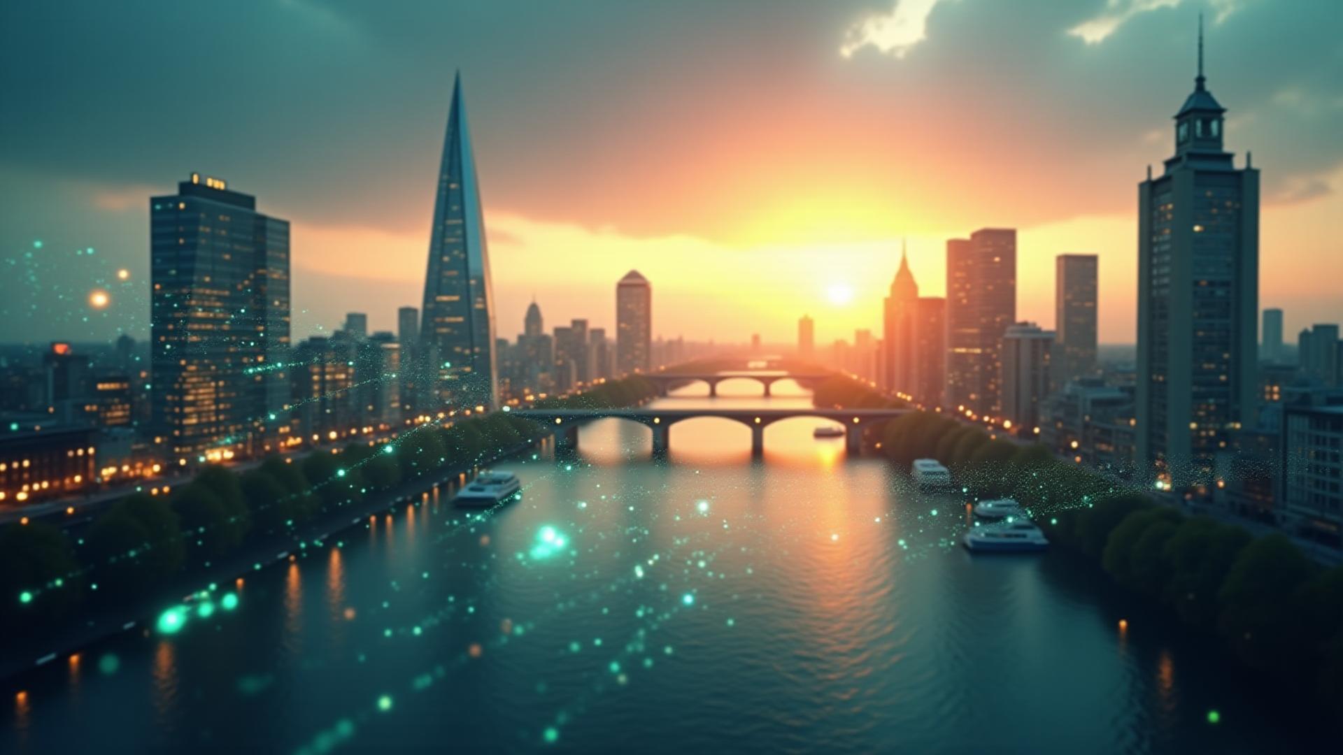 Abstrakte Darstellung von Datenflüssen und intelligenter Technologie über einer geschäftigen Londoner Skyline bei Sonnenuntergang
