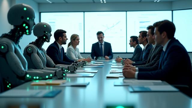 Animierte Darstellung von Zahnrädern, die von einem Roboterarm bewegt werden, während Menschen sich strategischen Plänen widmen